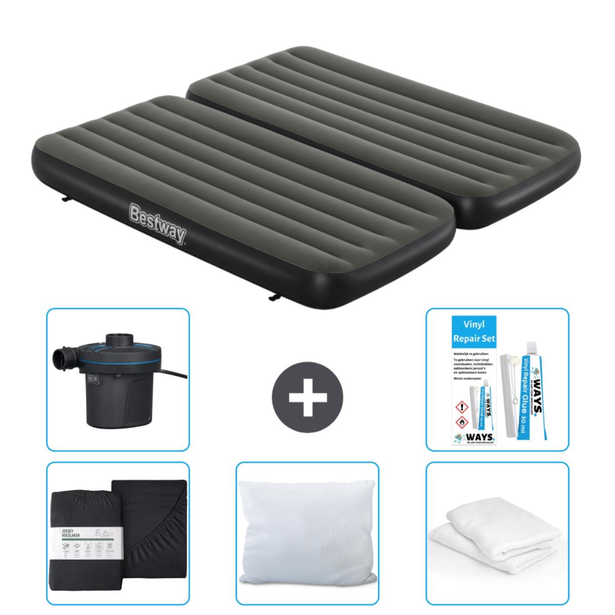Deux matelas pneumatiques, marque Bestway, avec une pompe, un ensemble de draps, un oreiller et kit de réparation.