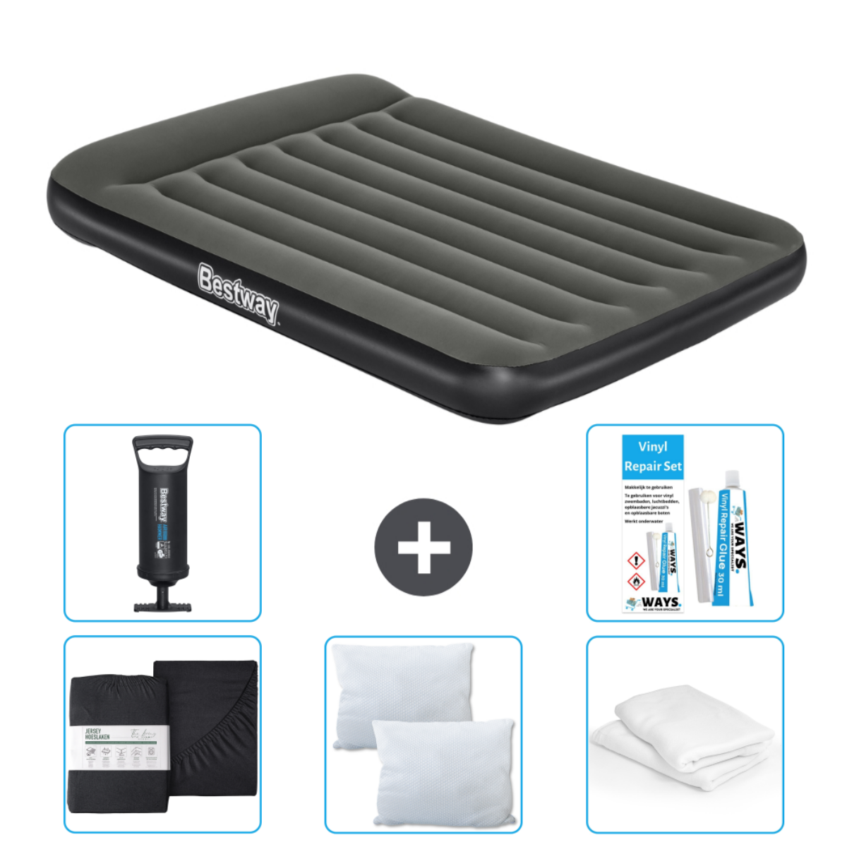 Grijs Bestway luchtmatras met pomp, lakens, kussens en reparatieset.