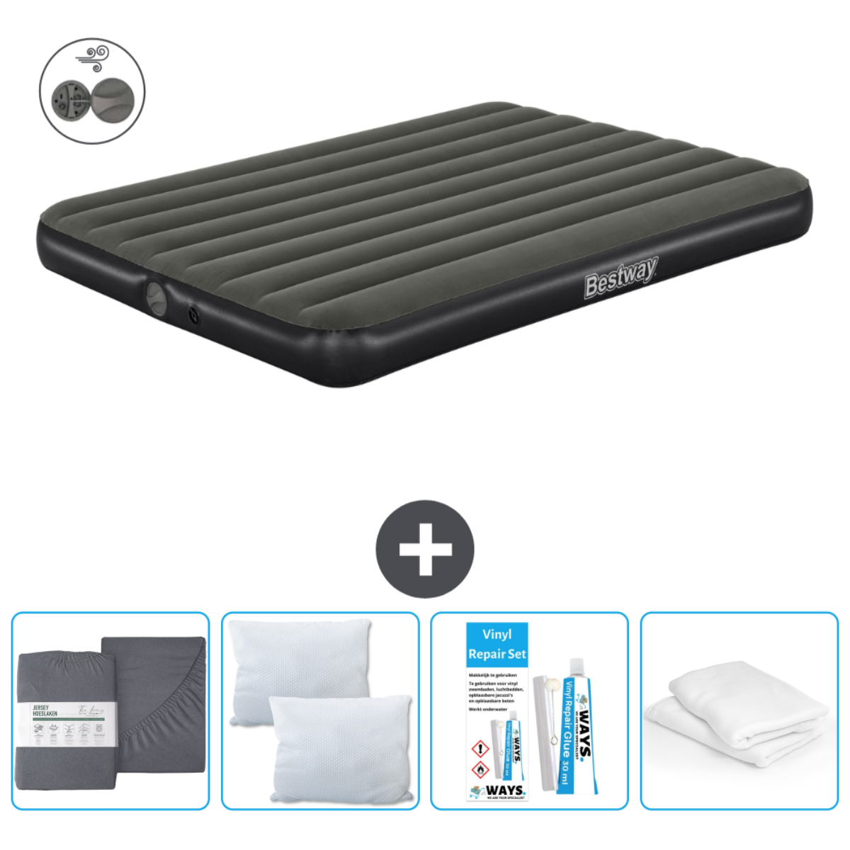 Un matelas pneumatique, marque Bestway, avec des oreillers, un ensemble de draps et un kit de réparation.