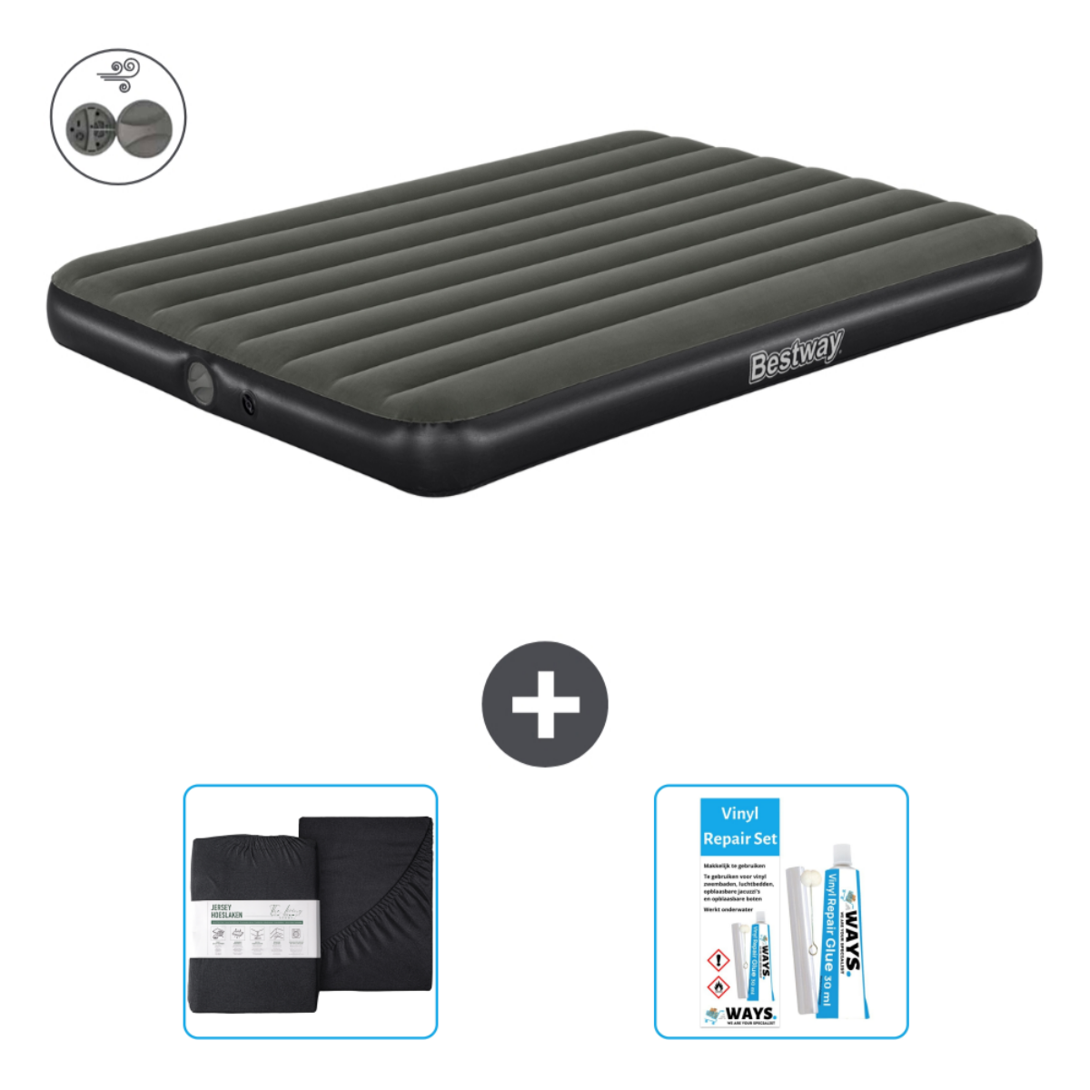 Un matelas pneumatique, marque Bestway, avec un ensemble de draps, des oreillers et un kit de réparation.