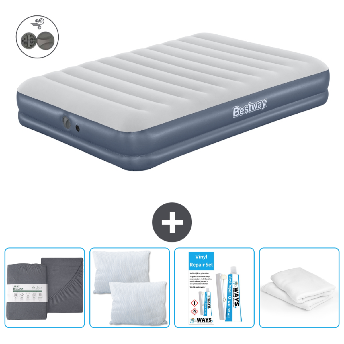 Matelas gonflable Bestway bleu et blanc, draps, oreillers et kit.