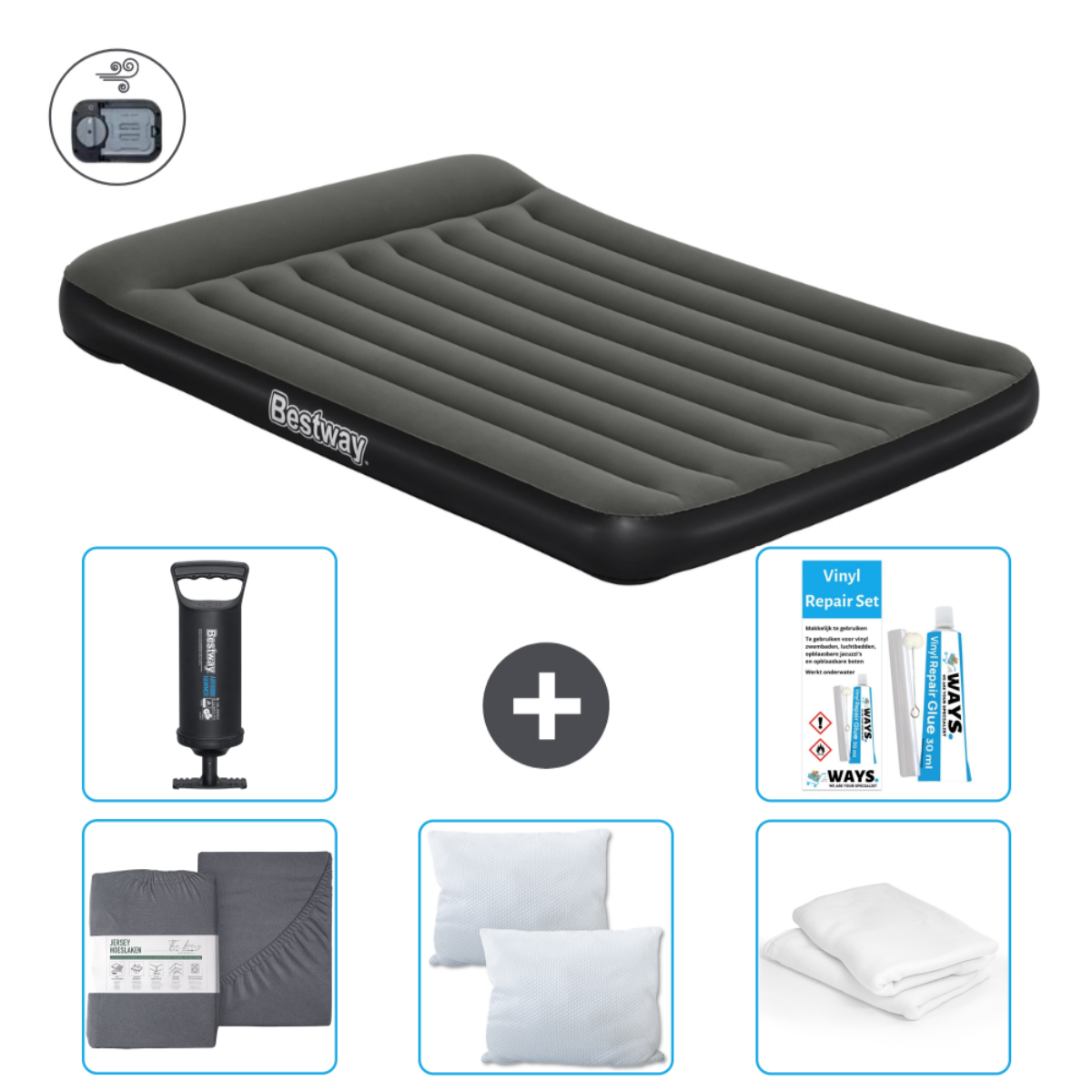 Bestway luchtmatras met pomp, reparatieset, kussens en lakens.