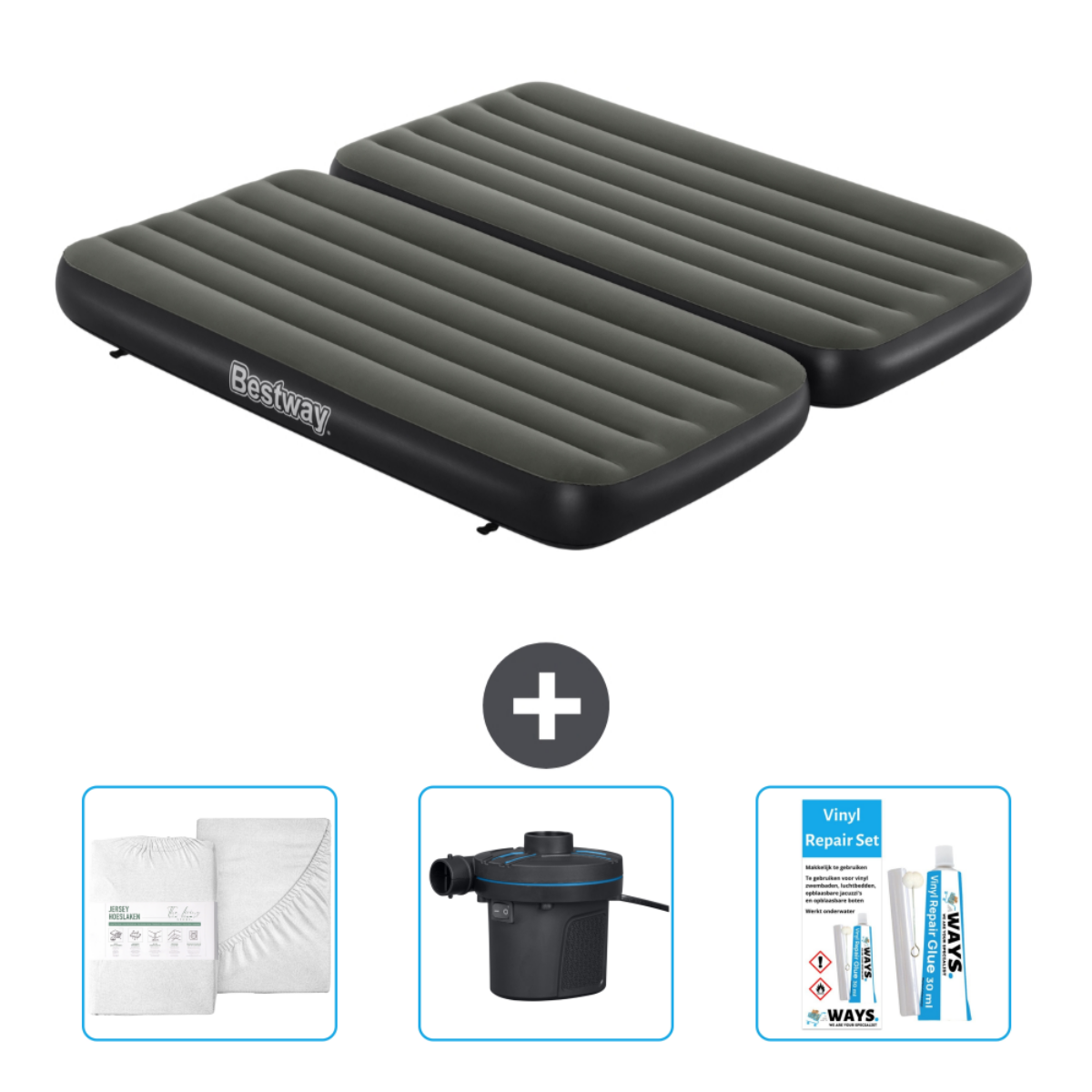 Twee grijze luchtbedden, merk Bestway, met lakensets, pomp en reparatieset.