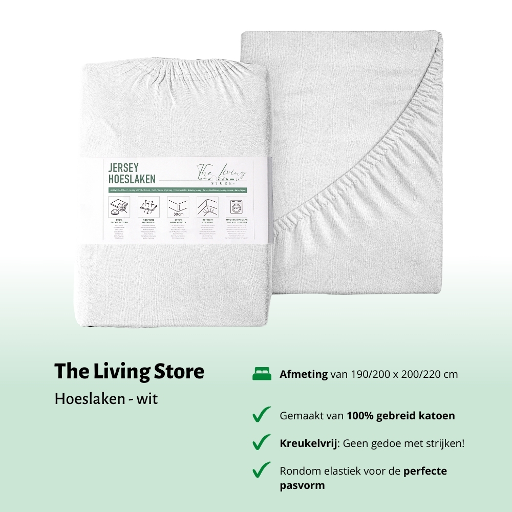 Emballage de drap-housse blanc, description texte sur le produit, fond vert.