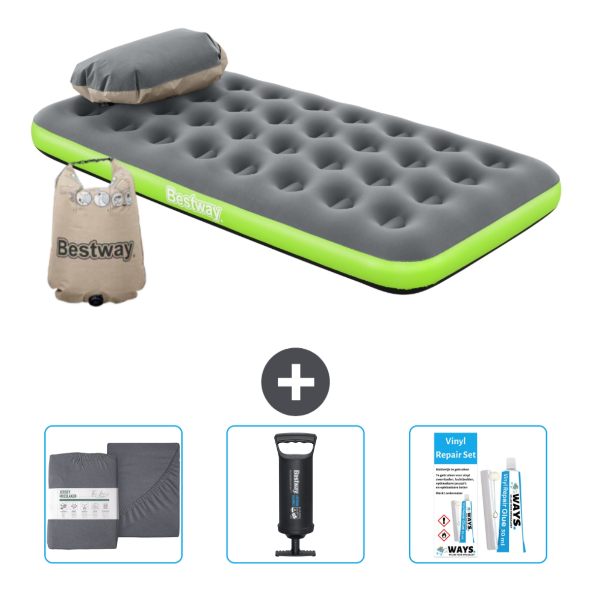Bestway luchtbed met kussen, pomp, reparatieset, lakens en opbergtas.