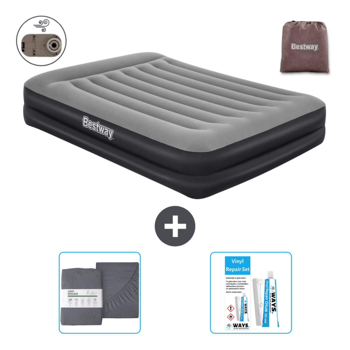 Matelas gonflable Bestway avec pompe, kit de réparation, parure de lit et sac de rangement.