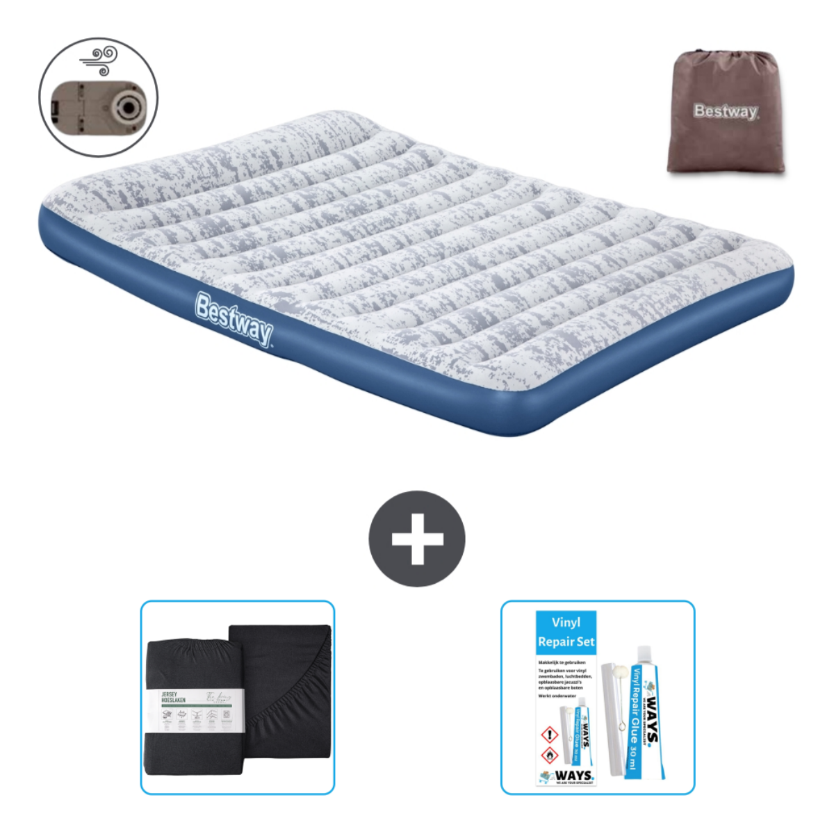 Un matelas gonflable avec logo Bestway, un sac et un kit de réparation. Comprend aussi des draps et une pompe.