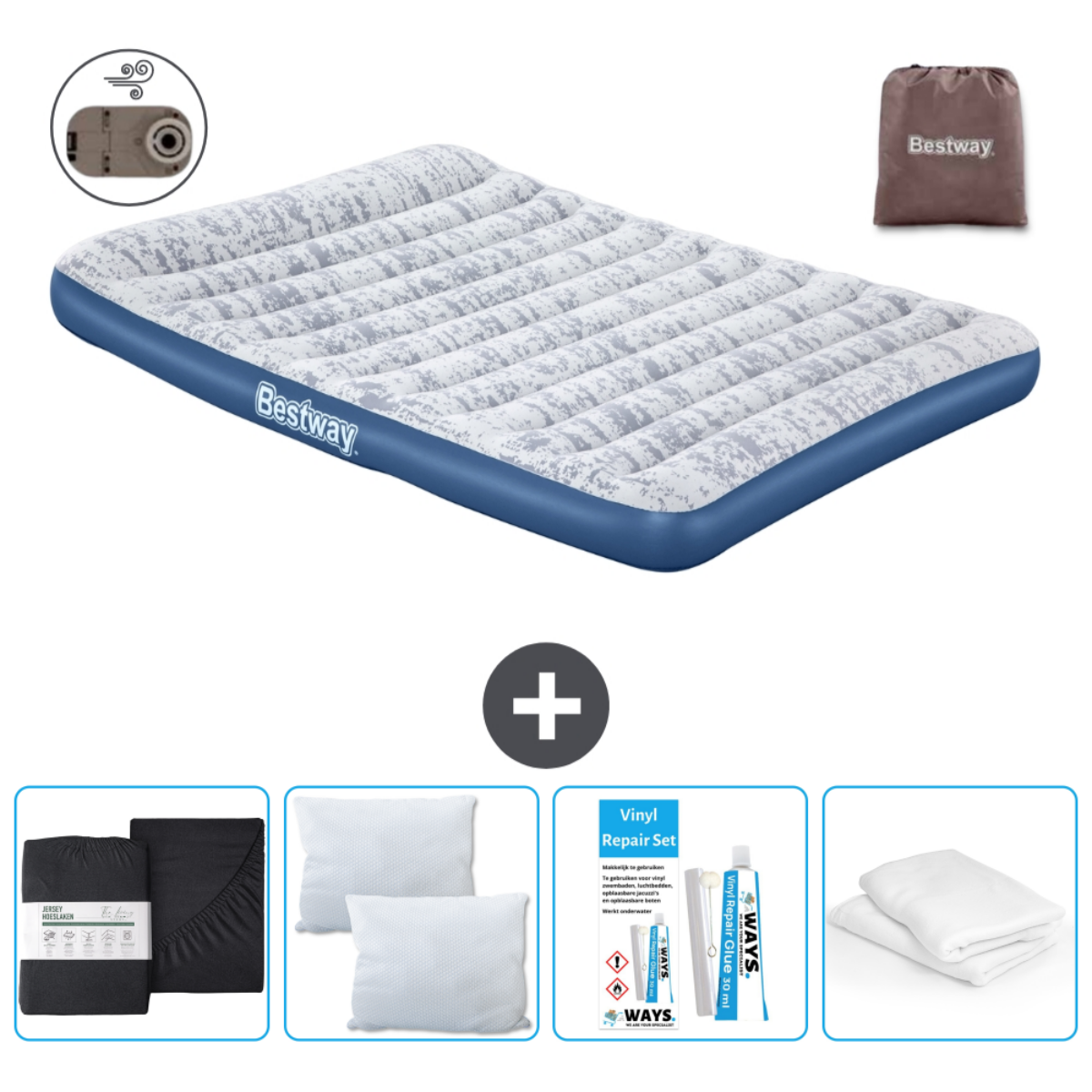 Matelas gonflable camouflage avec drap, oreillers, pompe et un kit de réparation.