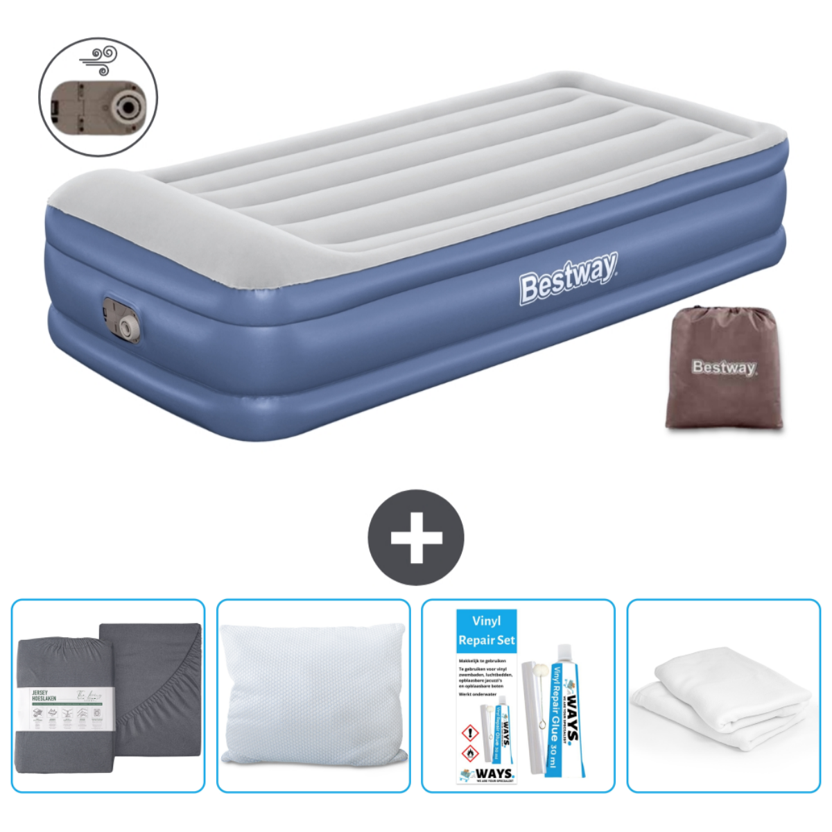 Blauw en wit luchtbed, merk Bestway, met accessoires: pomp, lakens, kussens en reparatieset.