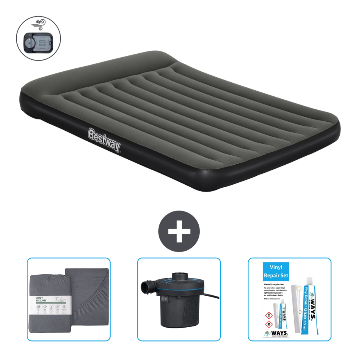 Matelas gonflable gris avec drap, une pompe et un kit de réparation.
