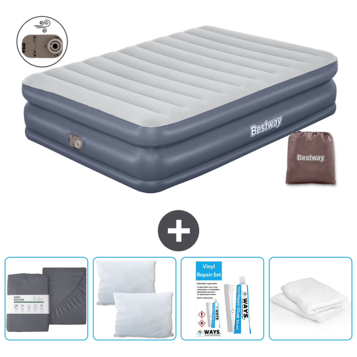 Matelas pneumatique, sac Bestway, pompe, kit de réparation, ensemble de draps et deux oreillers.