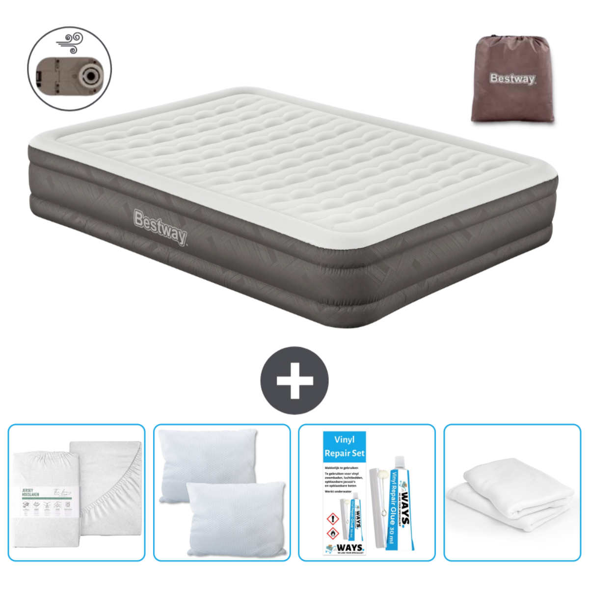 Matelas gonflable Bestway avec pompe, kit, oreillers, draps et sac de transport.