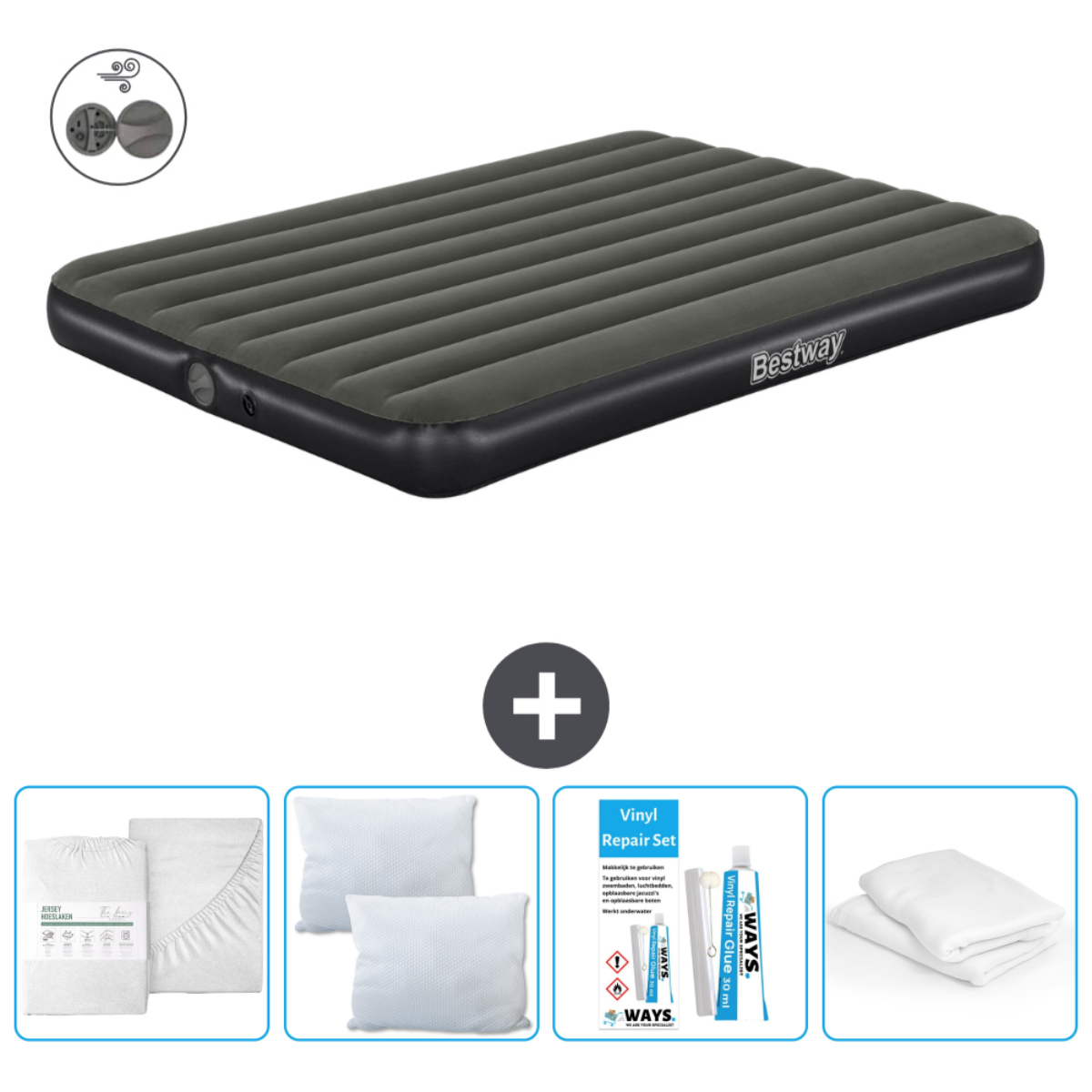 Lit pneumatique gris Bestway avec accessoires, dont oreillers, parure de lit et kit de réparation sur fond blanc.