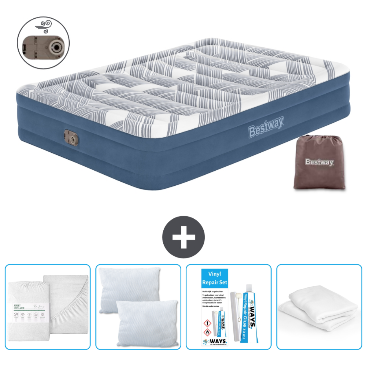 Ensemble matelas gonflable Bestway bleu avec dessus rayé, kit de réparation, literie et oreillers.