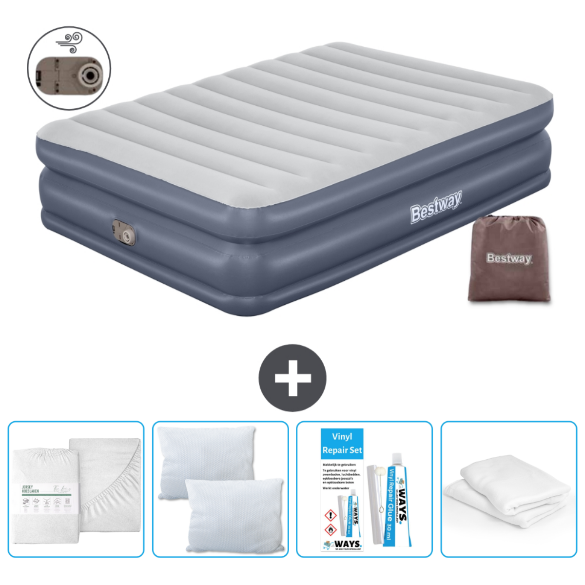 Grijs en wit Bestway luchtbed met pomp, reparatieset, kussens en lakens.