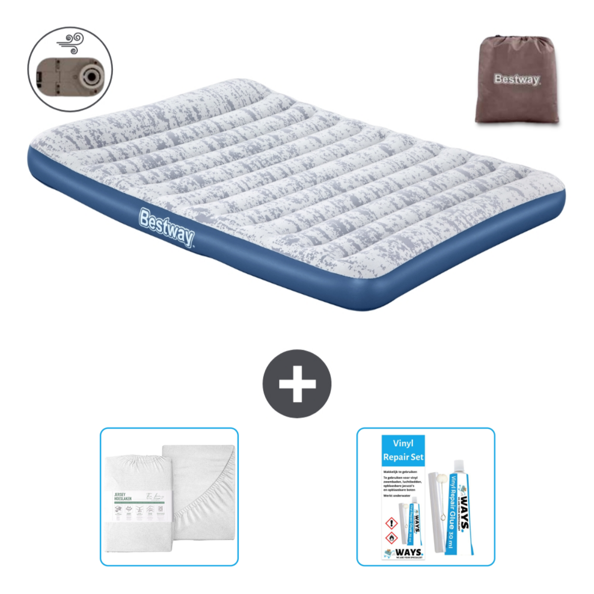 Un matelas pneumatique Bestway à motif bleu et blanc, pompe à air, draps, kit de réparation et sac de transport.