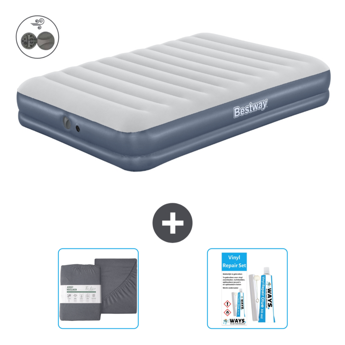 Un matelas pneumatique Bestway, une pompe, des draps et un kit de réparation sur fond blanc.