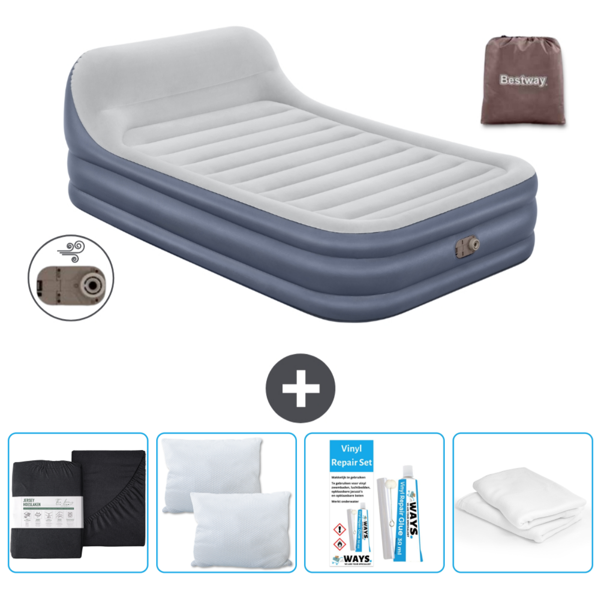 Blauw en wit Bestway luchtbed met pomp, reparatieset, kussens, lakens en opbergtas.