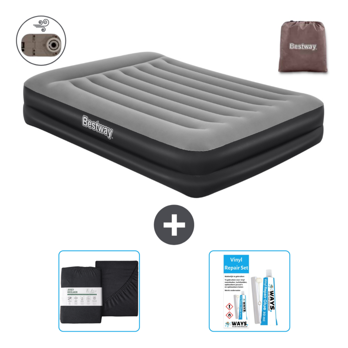 Grijs opblaasbaar matras met laken, een pomp, een reparatieset en een opbergtas.