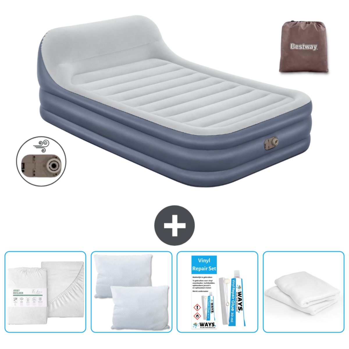 Een luchtmatras, merk Bestway, met een pomp, lakenset, kussens en reparatieset.
