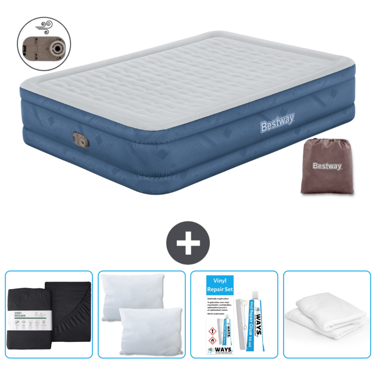 Een Bestway luchtmatras, een elektrische pomp, lakens, een kussen, een reparatieset en een draagtas.