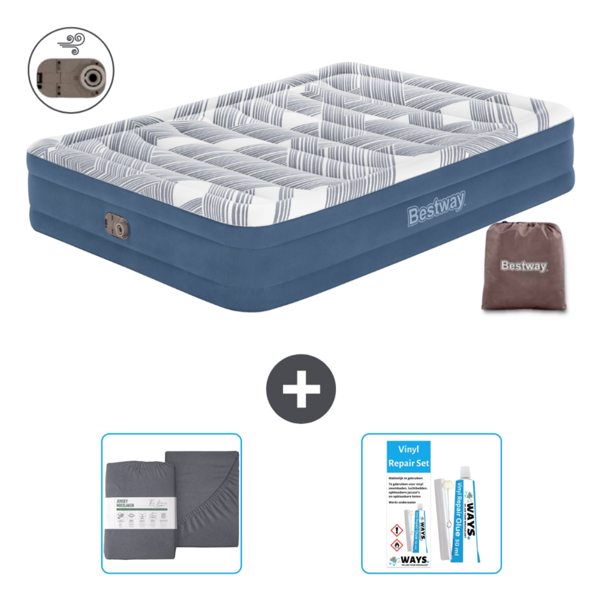 Blauwe en witte Bestway luchtmatras met accessoires: lakens, reparatieset en tas.