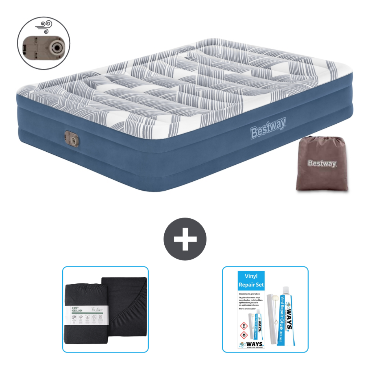 Blauw en wit luchtmatras met lakens, kussen en een reparatieset, met een pomp.