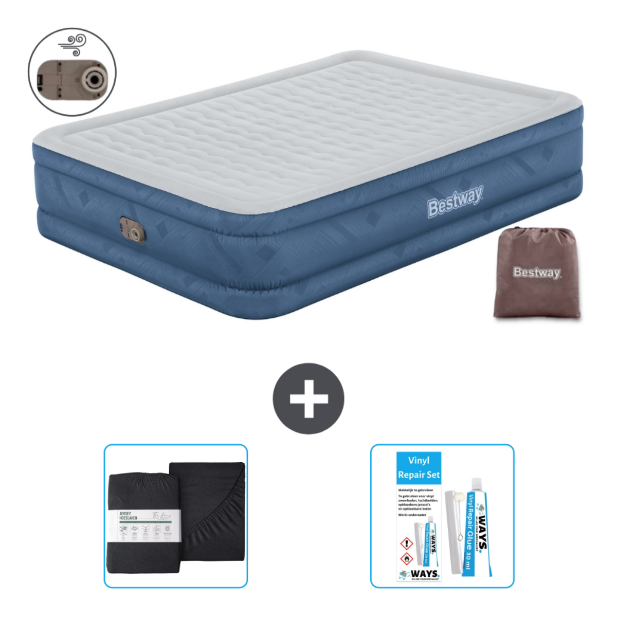 Blauw Bestway luchtbed met accessoires, inclusief pomp en reparatieset. Witte achtergrond.