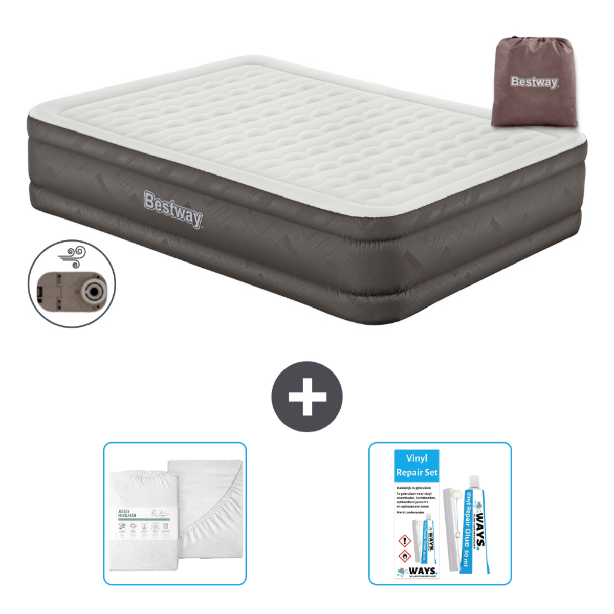 Grijs opblaasbaar matras met laken, een pomp, een reparatieset en een opbergtas.