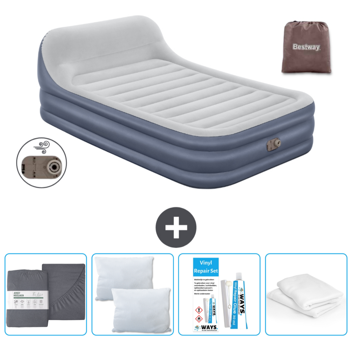Blauw en wit opblaasbed met accessoires: kussens, lakens en een reparatieset. Bruine draagtas.