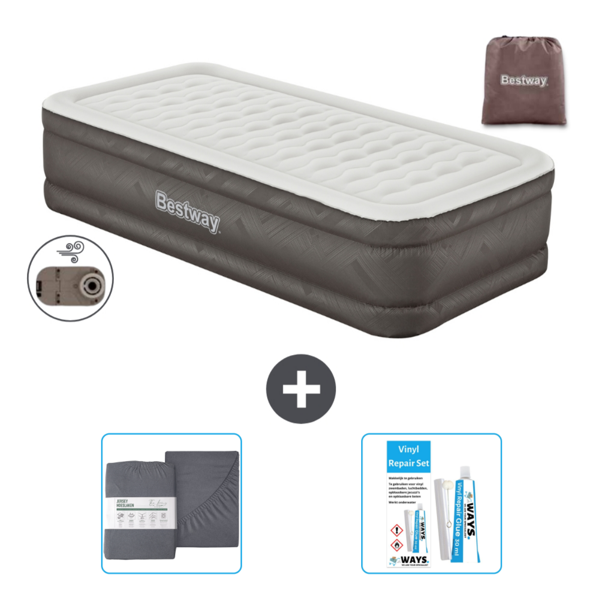 Grijs Bestway luchtbed met accessoires waaronder een pomp, lakens en reparatieset.