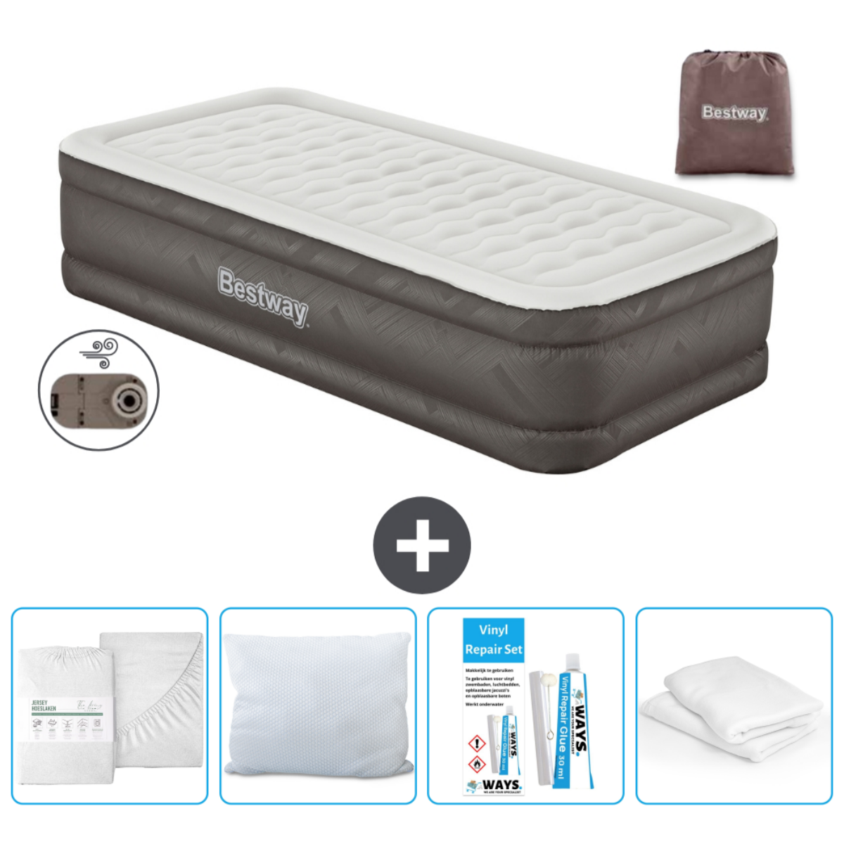 Un matelas gonflable Bestway, sac, kit de réparation, draps et oreillers. Pompe incluse.