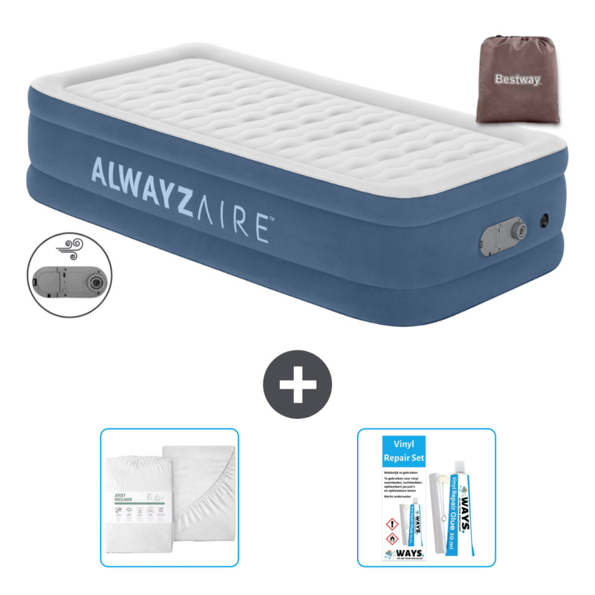 Blauw en wit luchtbed met accessoires. Inclusief pomp, lakens en reparatieset. Merk Bestway.