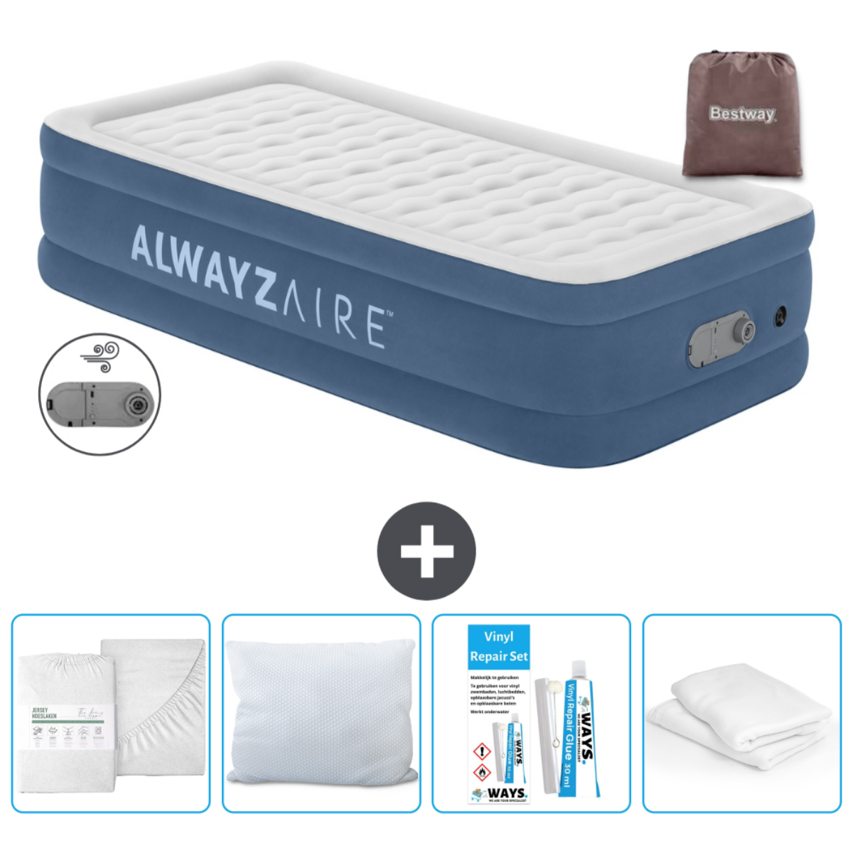 Blauw luchtbed met "ALWAYZAIRE" tekst en accessoires, waaronder lakenset, kussen en reparatieset.