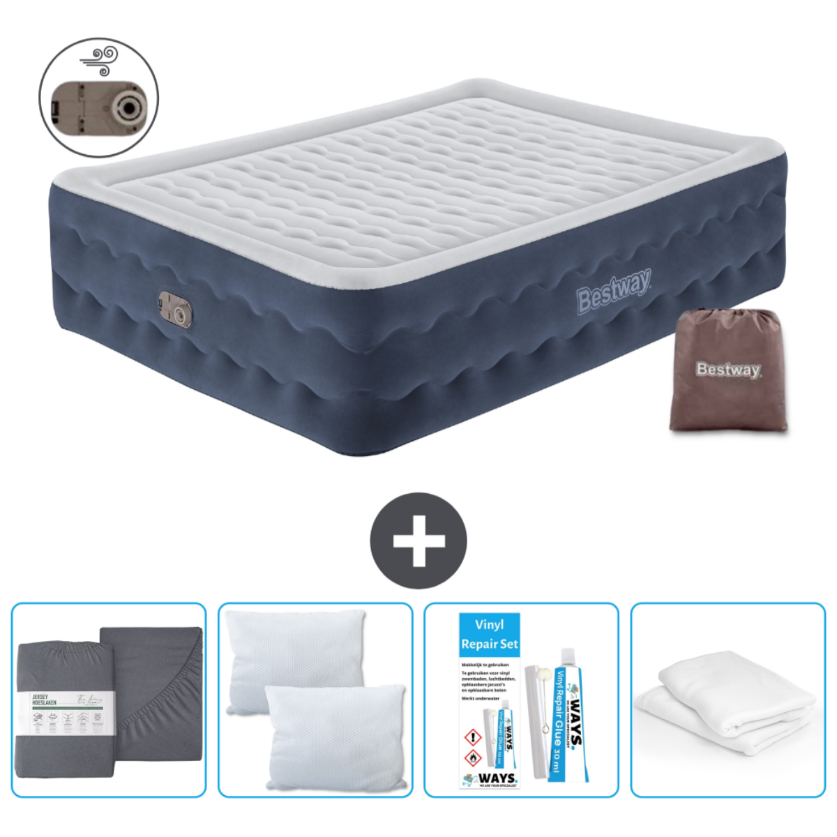 Luchtmatras, Bestway-tas, pomp, reparatieset, lakenset en twee kussens.