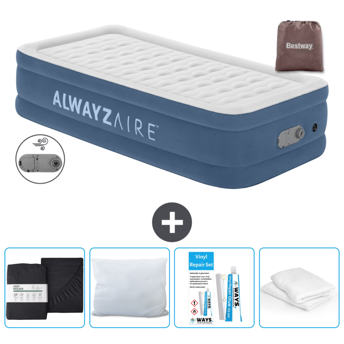 Een opblaasbare luchtmatras, een hoes, twee kussens, een reparatieset en een tas. De matras is blauw en wit.