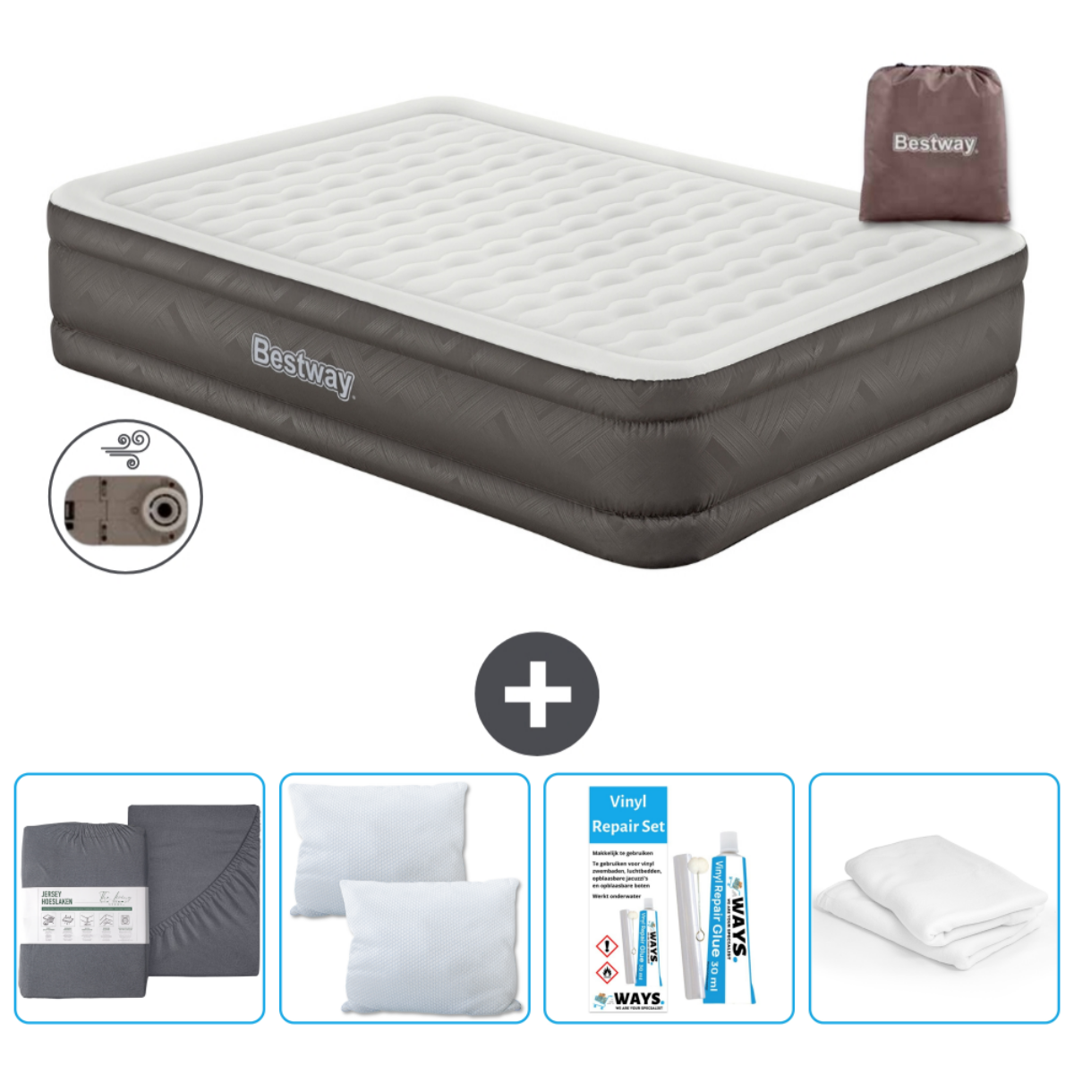 Een Bestway luchtmatras, tas, reparatieset, lakens en kussens. Inclusief pomp.
