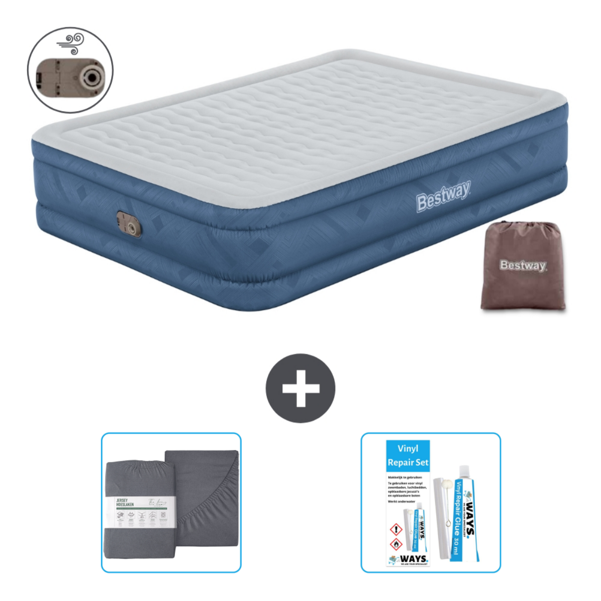 Een luchtmatras, een lakenset en een reparatieset. De matras is blauw met een wit oppervlak.