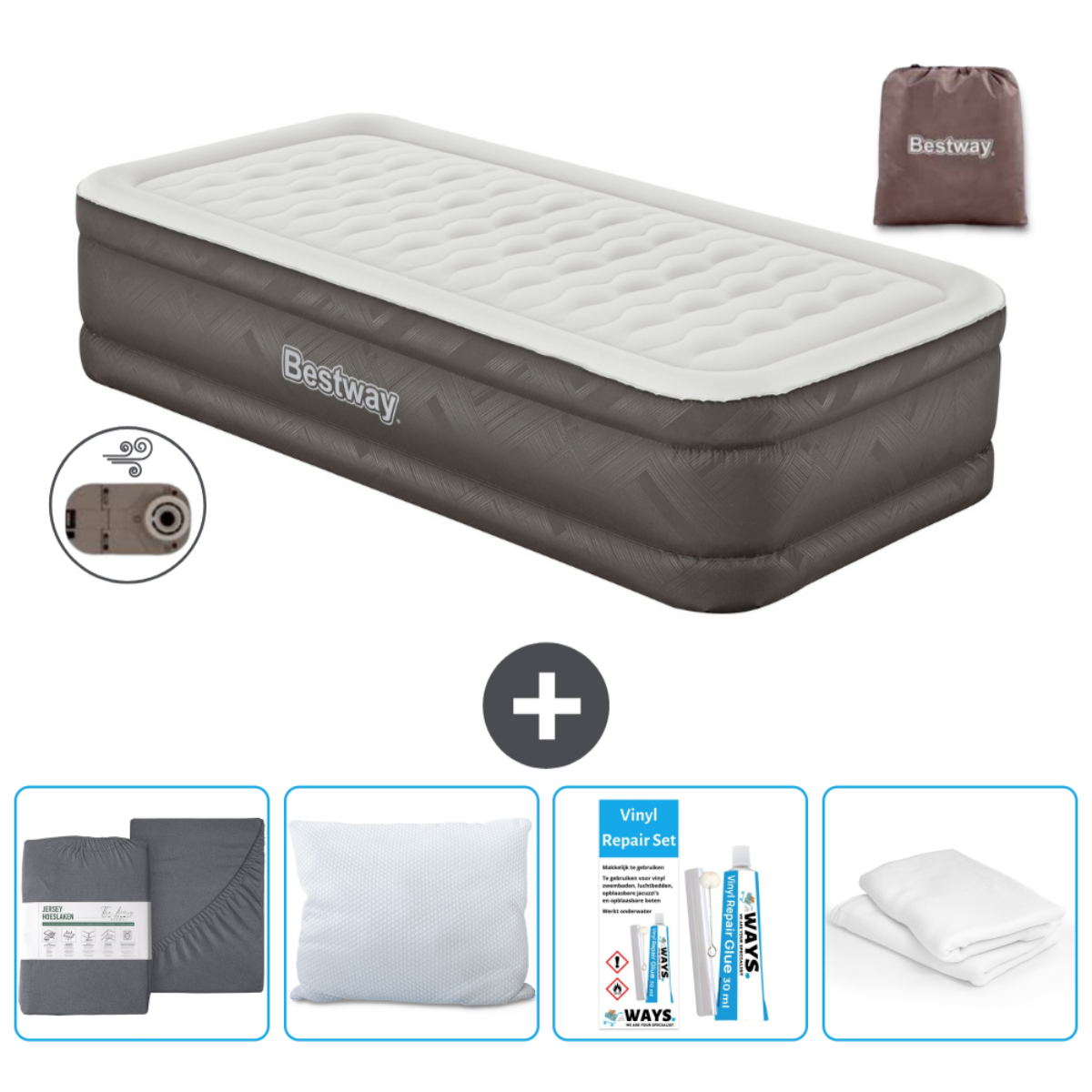 Matelas gonflable Bestway avec pompe, kit, oreiller, draps et sac de transport.