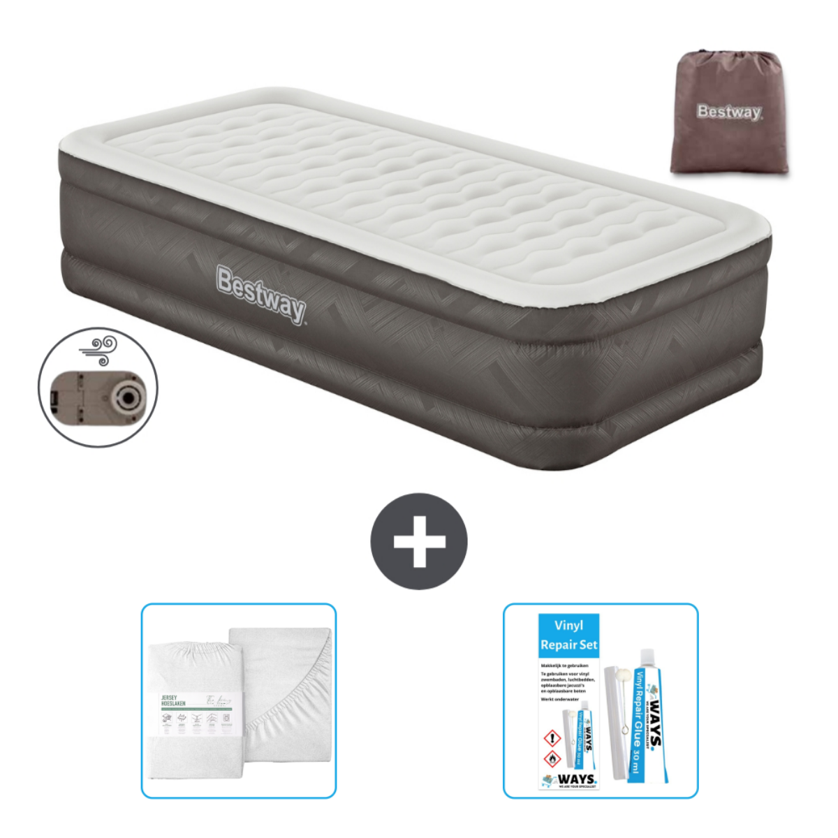 Luchtmatras, Bestway-tas, lakens en reparatieset.