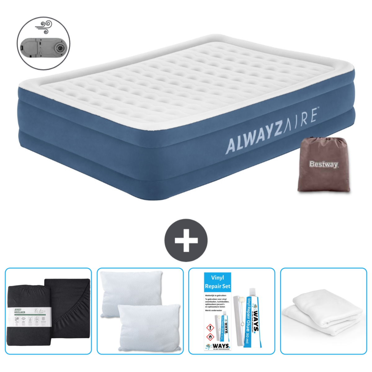 Blauwe en witte Alwaysaire luchtmatras met accessoires: lakens, kussens, set en tas.