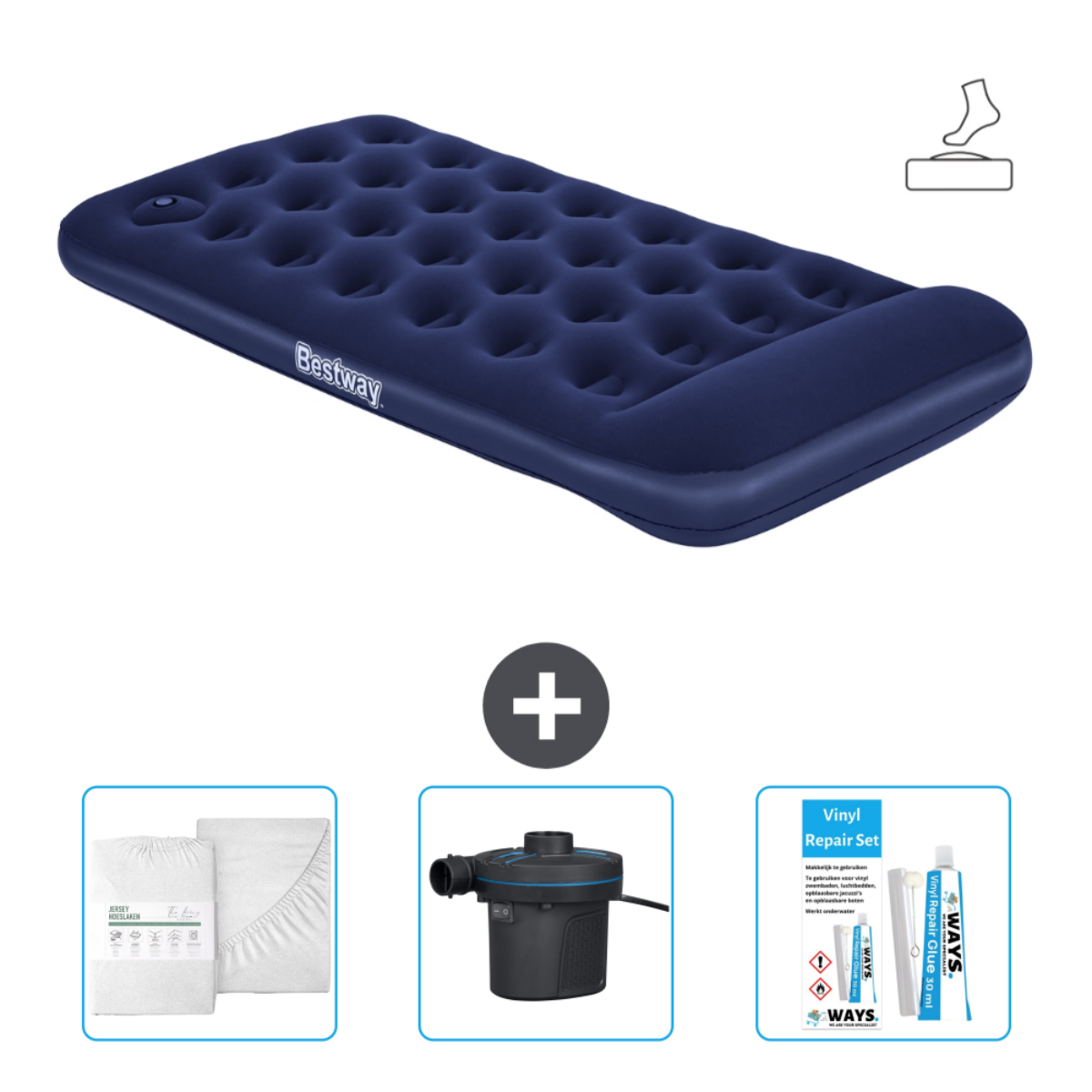 Donkerblauw Bestway luchtmatras, lakens, pomp en reparatieset.