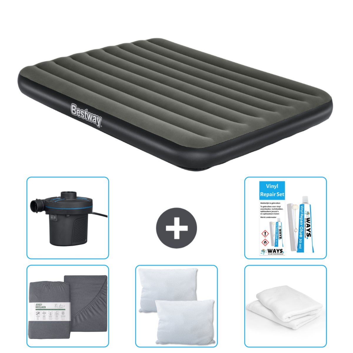Matelas gonflable Bestway gris, pompe, draps, oreillers et kit.
