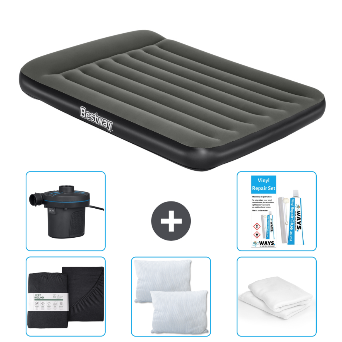 Matelas gonflable Bestway gris, pompe, draps, oreillers et kit.