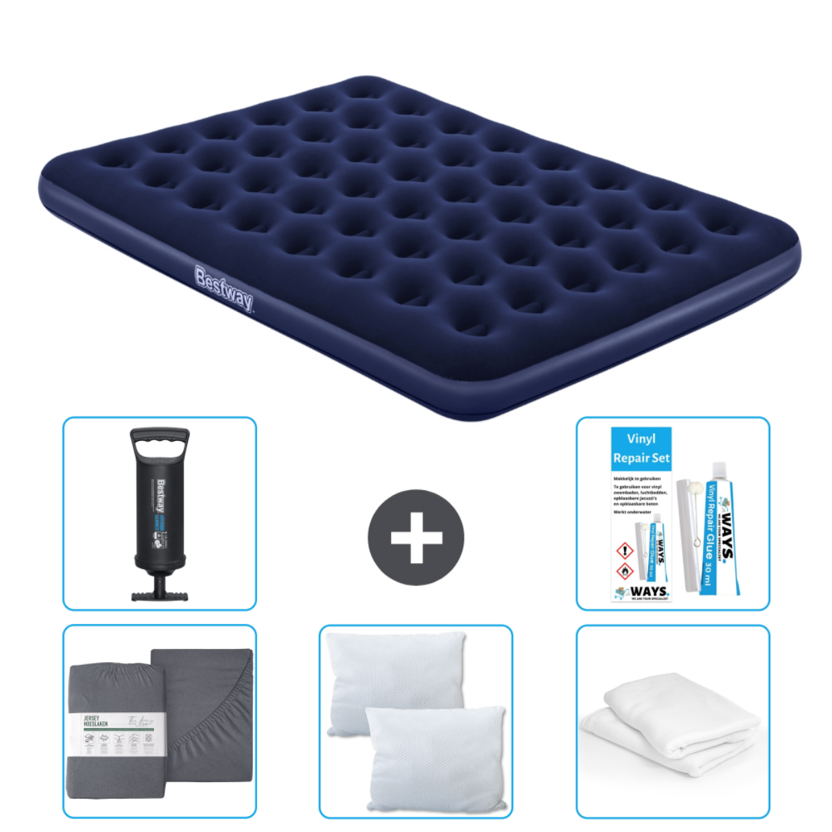 Marineblauwe opblaasbare matras met Bestway-logo, plus pomp, reparatieset, lakens en kussens.