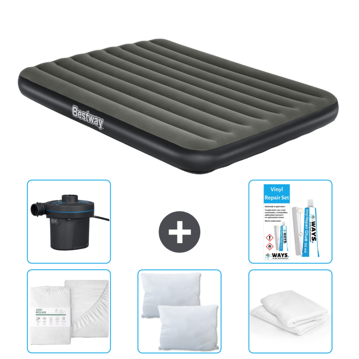 Een Bestway luchtmatras, reparatieset, lakens, kussens en een luchtpomp worden getoond.