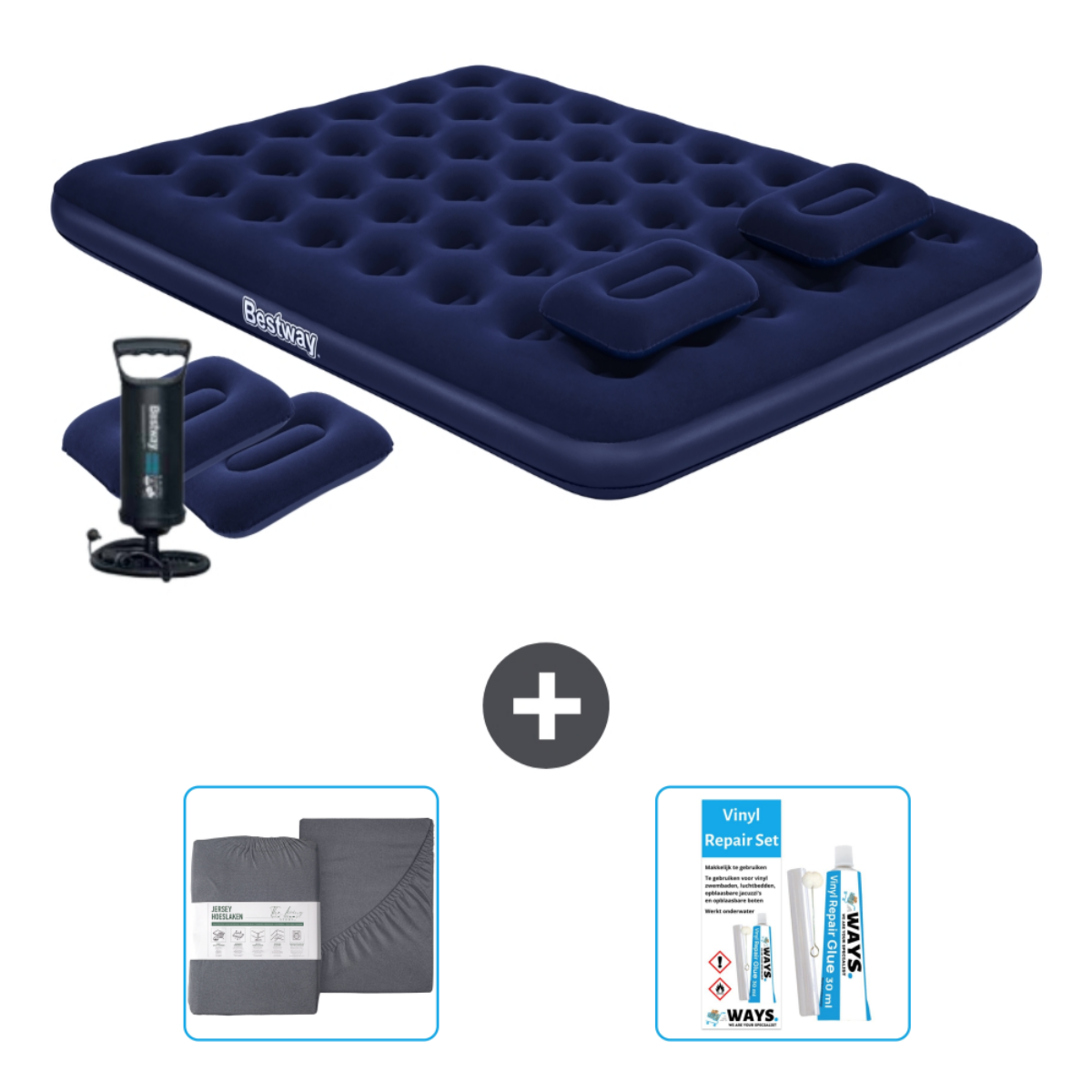 Marineblauw Bestway luchtbed met kussens, pomp, lakenset en reparatieset.