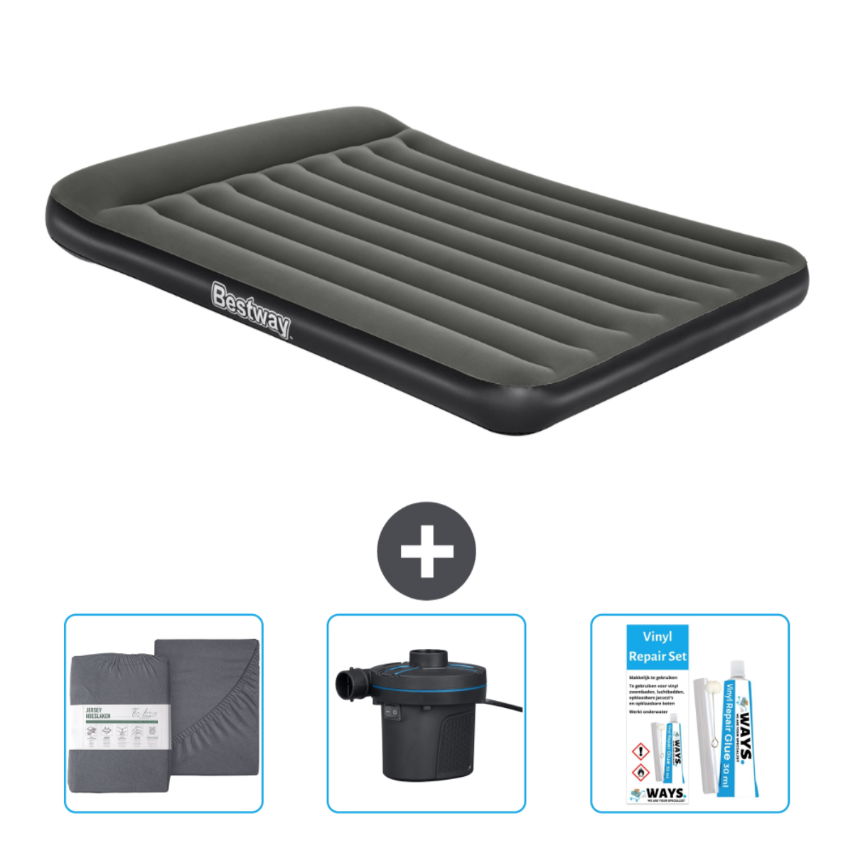 Grijze Bestway luchtmatras met accessoires: lakens, pomp en reparatieset.