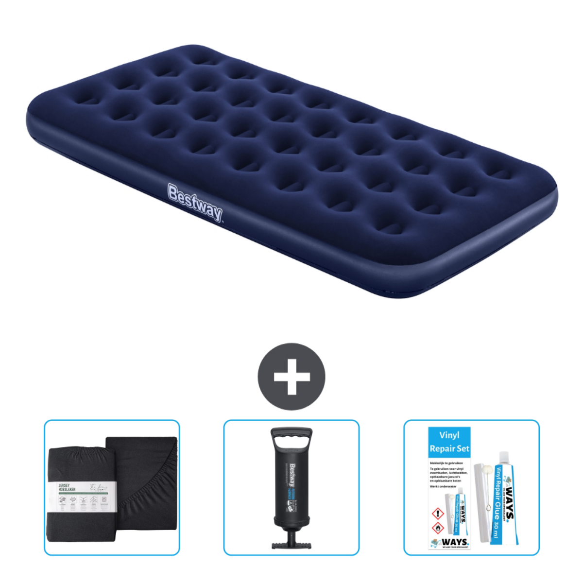 Marineblauwe opblaasbare matras met Bestway-logo, plus lakens, pomp en reparatieset.