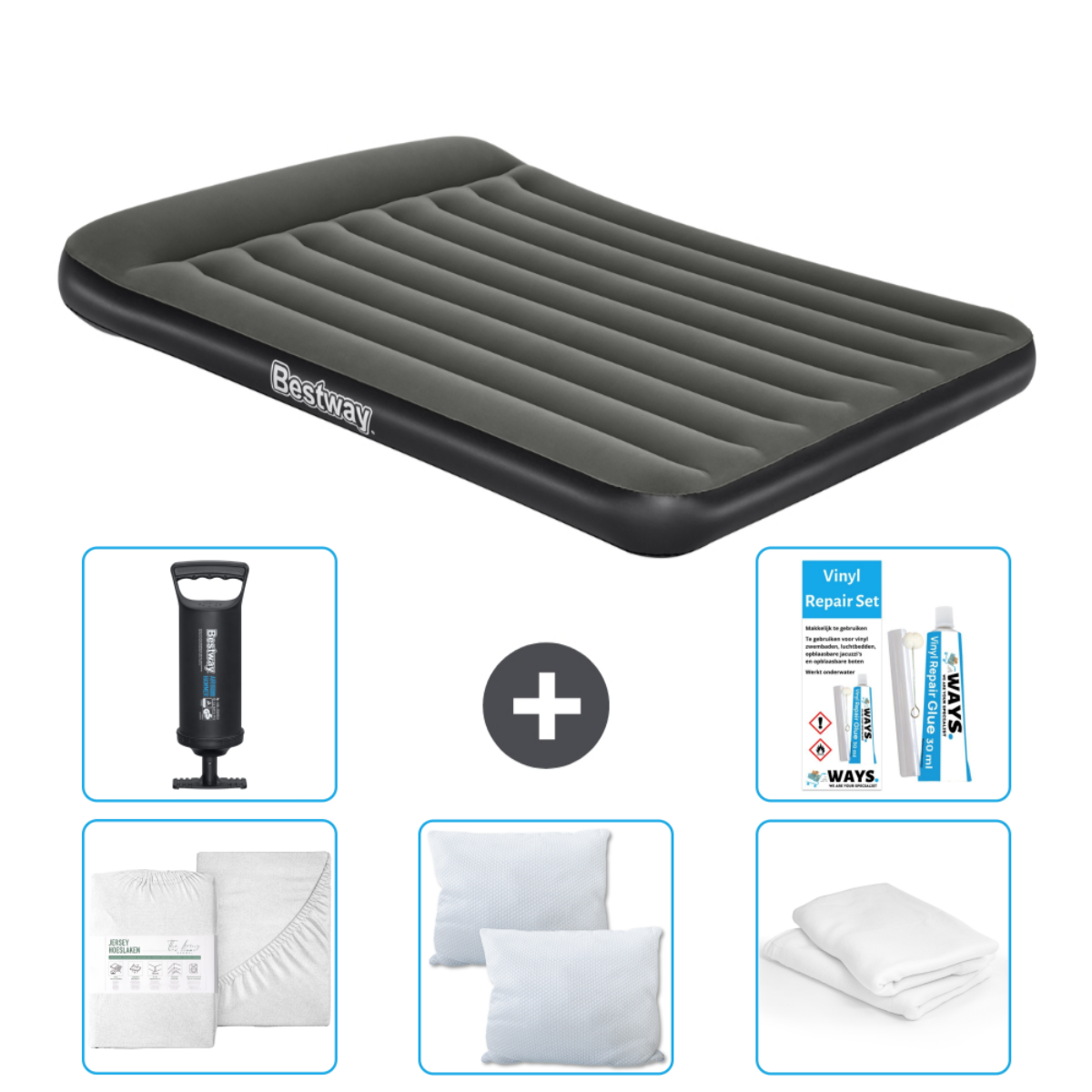 Grijs Bestway luchtbed met accessoires: pomp, lakens, kussens en reparatieset.